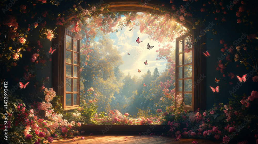 Poster window to wonderland: an enchanting visual showcasing an open window framing a vibrant garden scene 