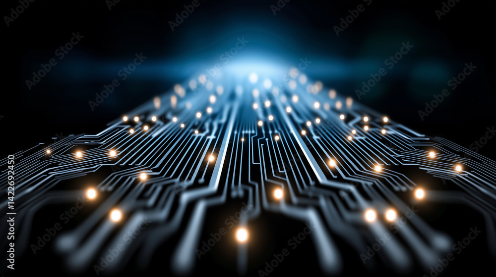 Poster circuit board pathway: the intricate network of an integrated circuit, radiating a sense of innovati