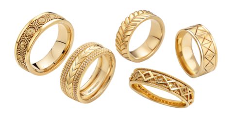 A collection of golden rings in various styles isolated on a white background png