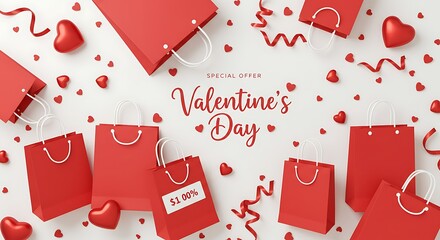 Valentine's day sale with red shopping bags hearts and ribbons on a white background special offer design