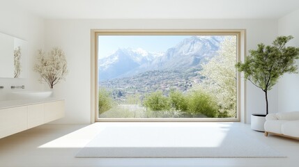 Modern bathroom with mountain view.  Spacious, minimalist, light-filled interior.  Simple vanity and  plants