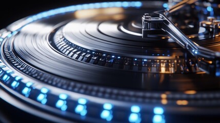 Futuristic turntable spinning, dark studio