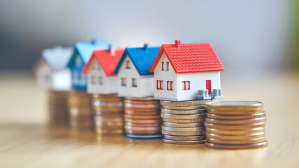 Row of toy houses with colored roofs sitting atop stacks of coins suggesting real estate investment or property value.