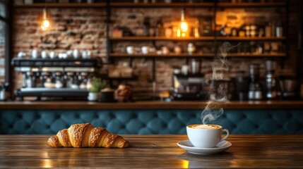 Fototapeta premium Steaming coffee, croissant, cafe backdrop