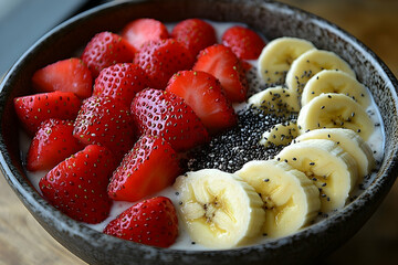 Colorful fruit bowl with strawberries and bananas