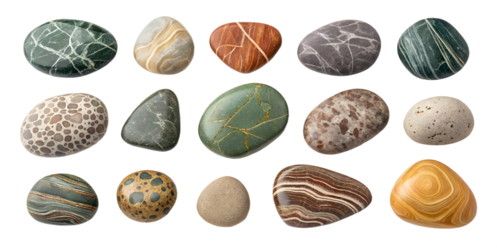 A collection of rocks in various styles and colors isolated on a white background png