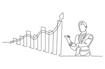 Continuous one line drawing of businessman standing at growing graph presentation. Single line drawing illustration growth chart. Business growth concept vector art. Doodle line illustration.