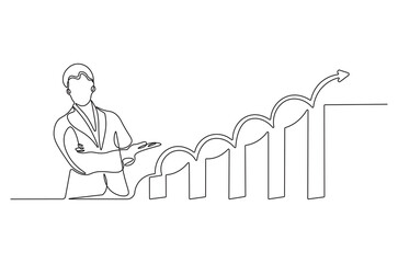Continuous one line drawing of businessman standing at growing graph presentation. Single line drawing illustration growth chart. Business growth concept vector art. Doodle line illustration.