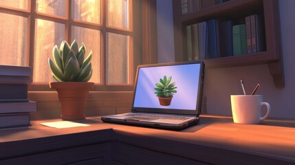 Home office plant laptop sunrise view