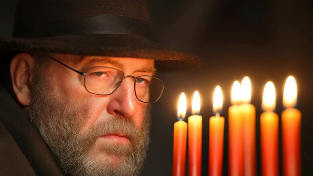 Candlelit Reflection: A thoughtful individual, wearing a hat and glasses, gazes serenely upon a row of lit candles, the warm glow illuminating his face in a moment of quiet contemplation.