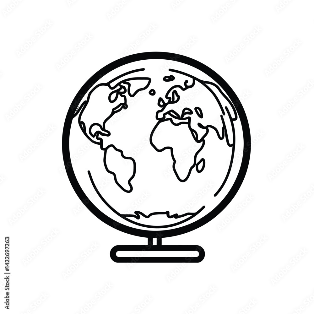 Poster line art world globe on stand, isolated design element with transparent background