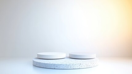 Two white circular podiums on a larger white platform
