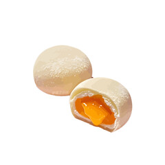 Artistic depiction of two salted egg yolk pastry one sliced to reveal filling