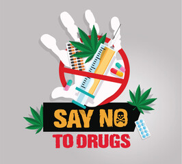 No to drug abuse clipart poster. Say no to illegal drugs warning sign clip art for anti addiction campaign and awareness banner vector illustration. 
