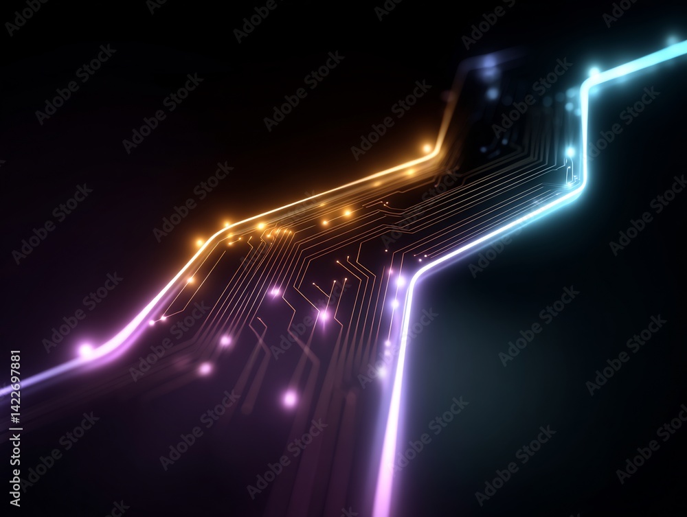 Poster futuristic circuit board design with glowing lines on a dark background