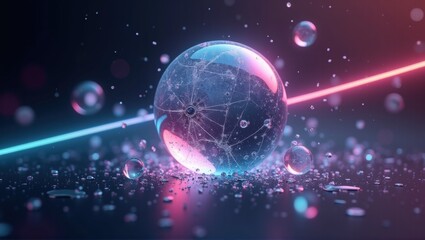 Obraz premium A transparent bubble surrounded by smaller droplets, glowing with neon pink and blue light, creating a futuristic, sci-fi vibe with reflections and light distortion. Generative, AI,