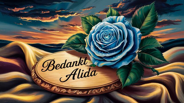 Elegant blue rose with dewdrops on carved wooden plaque reading 'Bedankt Alida', glowing at sunset against golden silk drapery&mdash;romantic, moody, and sophisticated composition