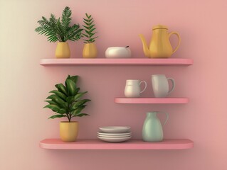 Modern Home Decor with Plants and Kitchenware on Pink Shelves