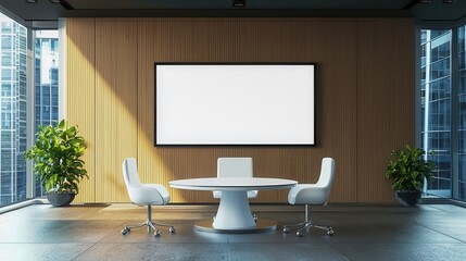 Modern Conference Room with White Chairs and Large Display Screen
