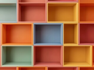 Colorful Wooden Shelving with Empty Storage Boxes for Organization