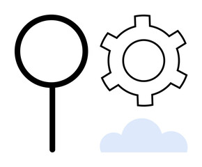 Magnifying glass, gear, and cloud represent search, optimization, and cloud computing. Ideal for digital marketing, data analysis, SEO, innovation cloud storage technology simple landing page