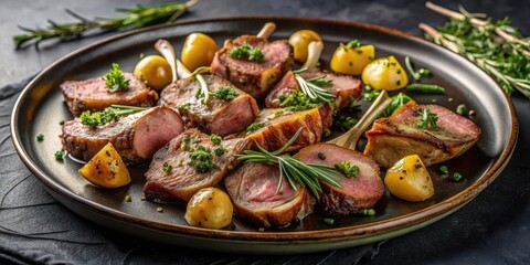 Pan-seared lamb chops with roasted potatoes and fresh herbs on a sleek black plate, finished with a drizzle of extra virgin olive oil , pan-seared, potatoes