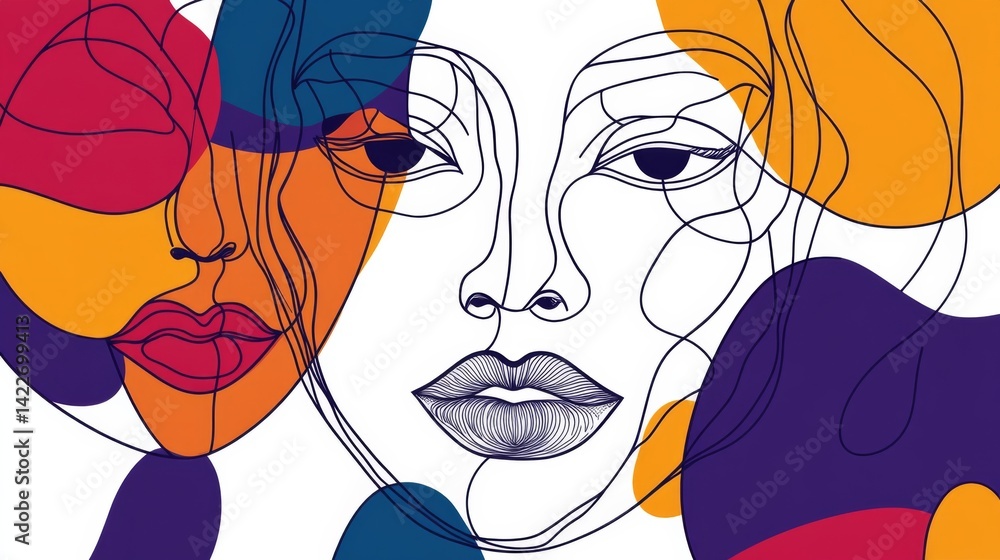Poster surreal abstract faces background featuring a one-line portrait with modern continuous line art and 