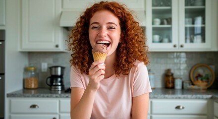 A woman with curly red hair eating a chocolate ice cream cone in a bright white kitchen setting