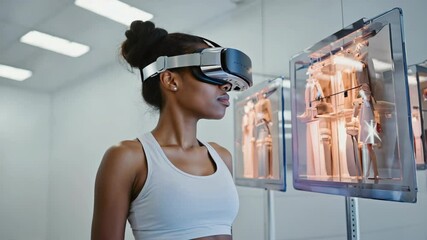 Modern woman using virtual reality headset in light futuristic space, browsing virtual clothing display, technology and augmented shopping concept.