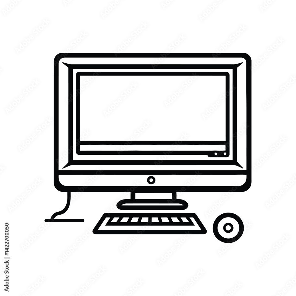 Poster old desktop pc outline icon with keyboard and mouse over transparent background