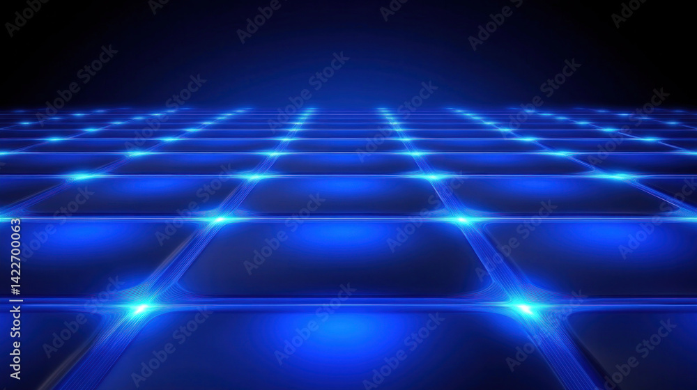 Poster a blue background with a grid of squares, each square has a blue light on it. the squares are evenly