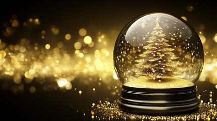 Gold Christmas Snow Globe on Dark Background with Bokeh Lights