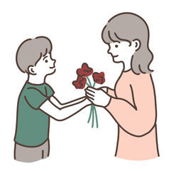 母の日の人物イラスト(ベクター お母さん 子供 男の子 カーネーション 編集可能)