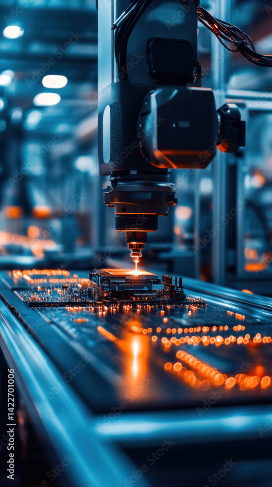 Poster a machine is making a circuit board with a bright orange light. concept of precision and technology,