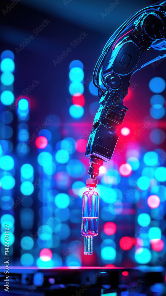 Poster a robot is holding a bottle and it is surrounded by a blurry background. the robot is in a blue and 