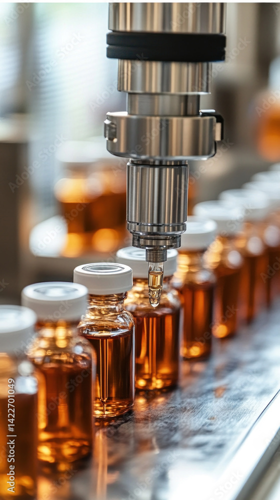 Poster a machine is filling bottles with a liquid. the bottles are lined up on a conveyor belt