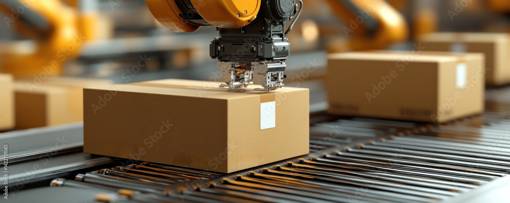 Poster a robot is working on a box on a conveyor belt. the robot is in the process of cutting the box