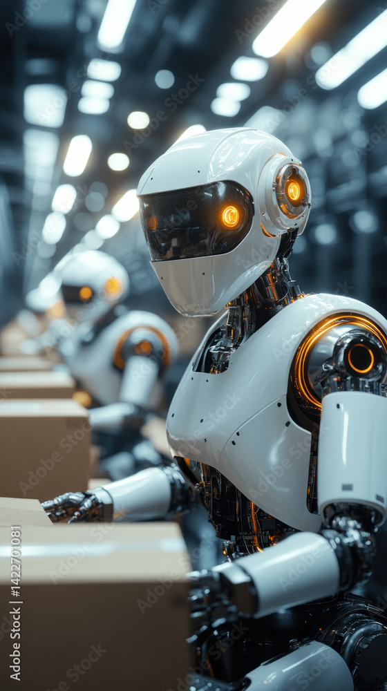 Poster a robot is standing in a room with boxes. the robot is white and has a yellow face