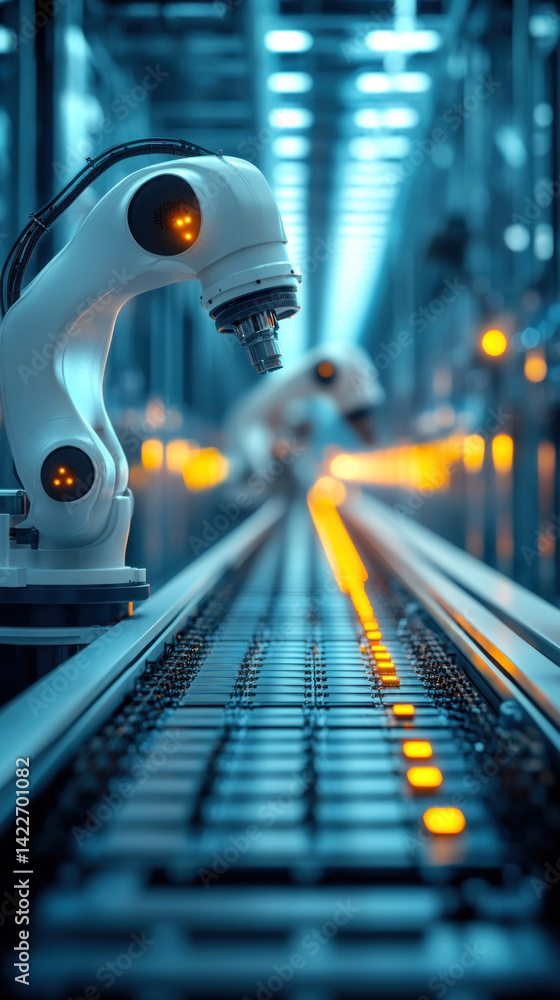 Poster a robot is working on a conveyor belt in a factory. the robot is white and has a yellow light on its