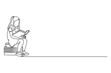 Continuous one line drawing of little girl reading a book. Single line drawing illustration Little woman reading book. World children book day concept vector art. Doodle line illustration.