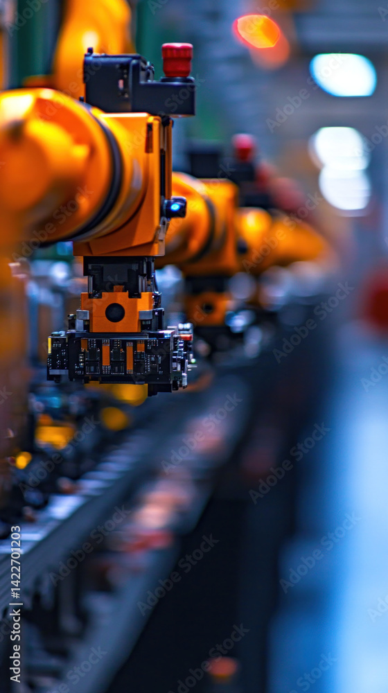 Poster a row of orange robots are lined up in a factory. the robots are all different sizes and shapes, but