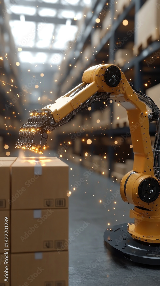 Poster a robot is grabbing a box in a warehouse. the robot is yellow and has a claw on its arm. the scene i