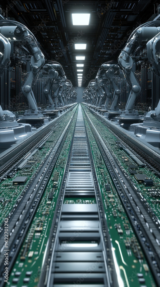 Aufkleber a futuristic industrial setting with robots and computer parts. scene is one of technology and innov