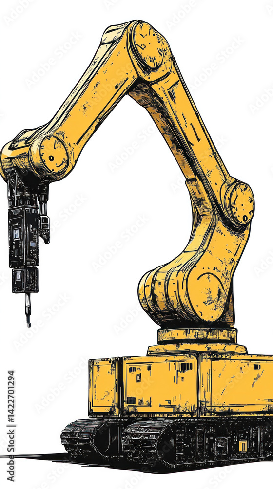 Poster a yellow robot with a long arm is standing on a white background. the robot is designed to lift heav
