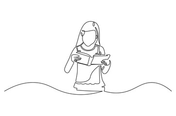 Continuous one line drawing of little girl reading a book. Single line drawing illustration Little woman reading book. World children book day concept vector art. Doodle line illustration.
