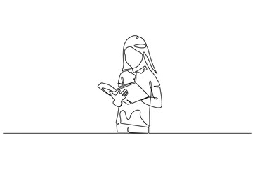 Continuous one line drawing of little girl reading a book. Single line drawing illustration Little woman reading book. World children book day concept vector art. Doodle line illustration.