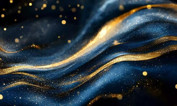 Elegant golden shimmer and deep blue hues create a mesmerizing abstract flow