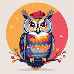 Fototapeta premium holiday owl on plain colorful background illustration icon logo concept 