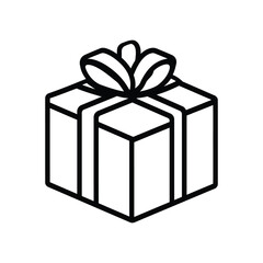 Outline Gift Box Icon with Ribbon and Bow on Transparent Background