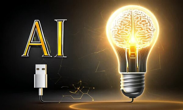light bulb with idea concept, letters AI with usb cable plugged into lightbulb with a brain